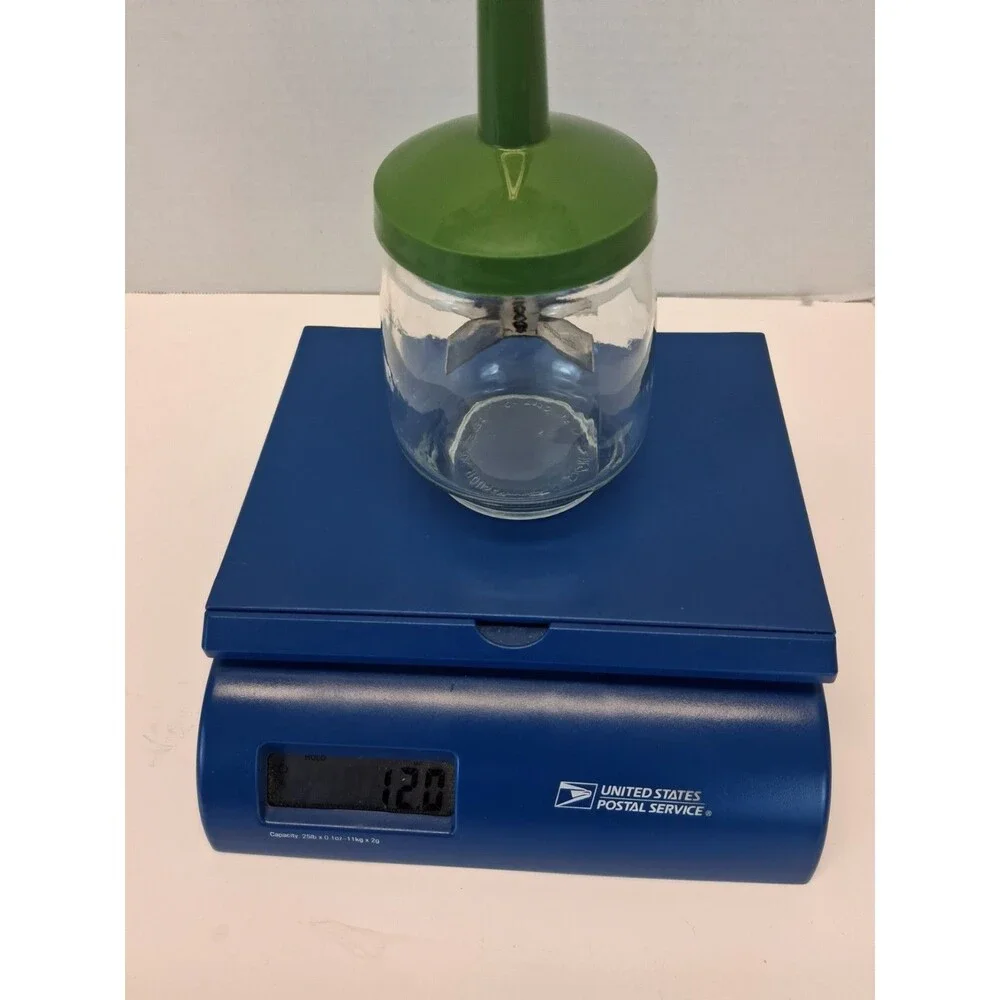 VTG Federal Housewares Glass Push Food Chopper Green 16 oz Stainless USA 1960s